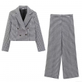 Women's 2 Piece Houndstooth Outfits Sets Cropped Double Breasted Blazer Jacket and High Waist Wide Leg Pants Polyester Tweed Suits for Commute Streetwear