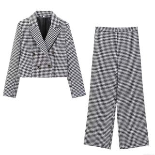 Women's 2 Piece Houndstooth Outfits Sets Cropped Double Breasted Blazer Jacket and High Waist Wide Leg Pants Polyester Tweed Suits for Commute Streetwear