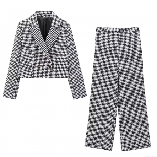 Women's 2 Piece Houndstooth Outfits Sets Cropped Double Breasted Blazer Jacket and High Waist Wide Leg Pants Polyester Tweed Suits for Commute Streetwear