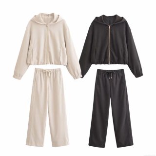 Women's Two Piece Set Hooded Bomber Jacket And High Waist Wide Leg Pants Streetwear Tracksuit Solid Color Loose Casual Winter Outfit For Women