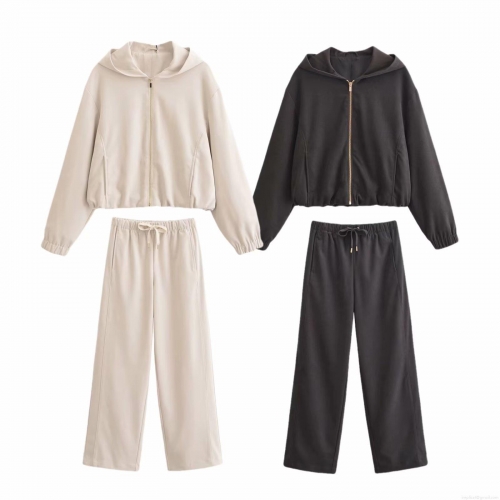 Women's Two Piece Set Hooded Bomber Jacket And High Waist Wide Leg Pants Streetwear Tracksuit Solid Color Loose Casual Winter Outfit For Women