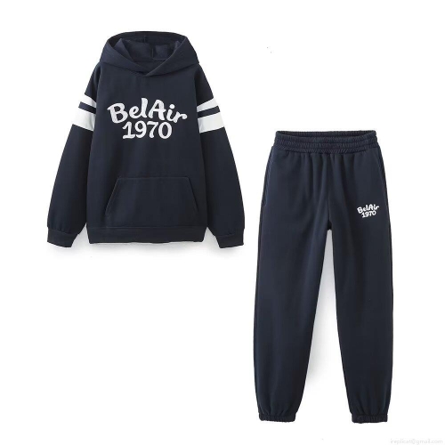 Women Streetwear Two Piece Tracksuit Set BelAir 1970 Letter Embroidery Hooded Sweatshirt And Joggers Polyester Winter Warm Fleece Lined Casual Sportswear Navy Blue
