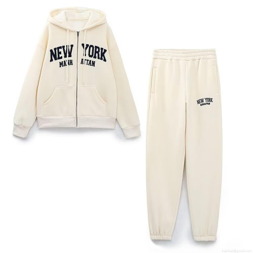 Women 2 Piece Tracksuit Set New York Manhattan Letter Print Hooded Zipper Sweatshirt And Jogger Pants Streetwear Casual Polyester Outfits