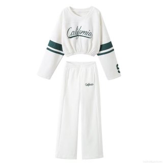 Women's Two Piece Sweatsuit Set California Letter Print Long Sleeve Cropped Pullover And High Waist Wide Leg Jogger Pants Casual Sporty Streetwear Tracksuit