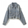 Women's Washed Denim Jacket And Jeans Set Distressed Light Blue Cotton Denim Casual Streetwear Two Piece Outfit For Women Short Cropped Denim Jacket High Waist Splatter Pants