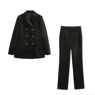 Women's Vintage Corduroy Double Breasted Blazer And Straight Leg Pants Two Piece Set Solid Color Casual Winter Streetwear Suit For Office Lady