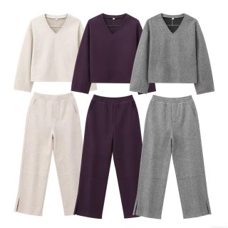 Women's 2 Piece Lounge Set Knit V-Neck Long Sleeve Sweatshirt Top And Wide Leg Pants Casual Solid Color Streetwear Winter Warm Outfit