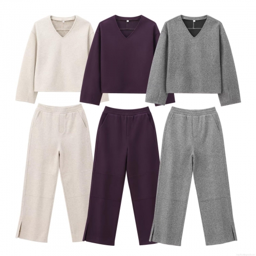 Women's 2 Piece Lounge Set Knit V-Neck Long Sleeve Sweatshirt Top And Wide Leg Pants Casual Solid Color Streetwear Winter Warm Outfit
