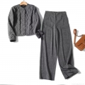 Women's Two-Piece Set Dark Gray Quilted Bomber Jacket And Wide Leg Pants Streetwear Casual Woolen Texture Long Sleeve Top High Waist Trousers Outfit