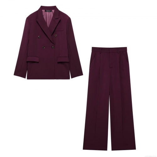 Women Elegant Wine Red Suit Set Double Breasted Blazer Jacket And High Waist Wide Leg Pants Two Piece Business Casual Office Wear Outfits For Ladies