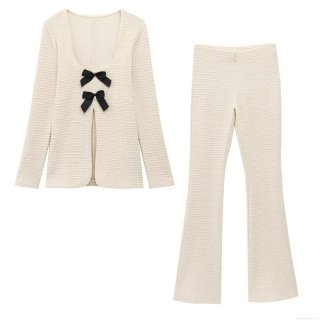 Women's 2-Piece Cotton Knit Lounge Set Long Sleeve U-Neck Top With Black Bows Ribbed Flare Pants Chic Western Streetwear Co-ords