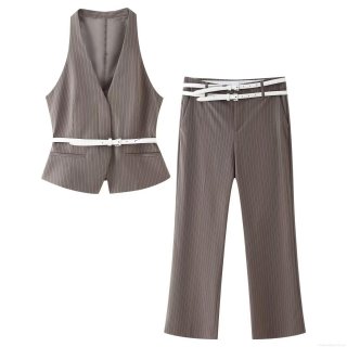 Women Pinstripe Vest And Trousers Set Polyester Sleeveless Halter V-Neck Top Wide Leg Long Pants With White Belt Business Casual Office Streetwear Two Piece Outfit