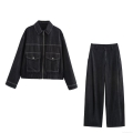 Women's Two Piece Denim Set Casual Long Sleeve Contrast Stitching Lapel Jacket With Pockets And High Waist Wide Leg Pants Streetwear Outfit For Women