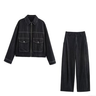 Women's Two Piece Denim Set Casual Long Sleeve Contrast Stitching Lapel Jacket With Pockets And High Waist Wide Leg Pants Streetwear Outfit For Women