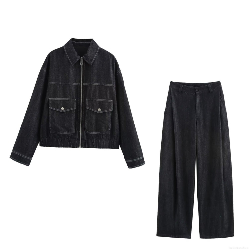 Women's Two Piece Denim Set Casual Long Sleeve Contrast Stitching Lapel Jacket With Pockets And High Waist Wide Leg Pants Streetwear Outfit For Women