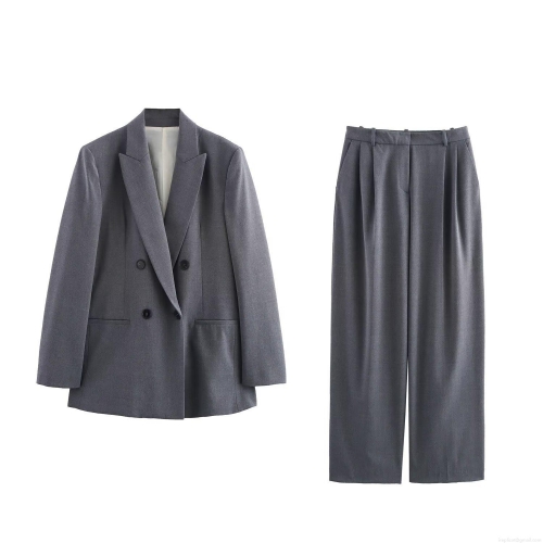 Women's Elegant Grey Business Casual Suit Set Double Breasted Blazer Jacket And Pleated Wide Leg Pants Professional Office Two Piece Outfit Polyester Blend