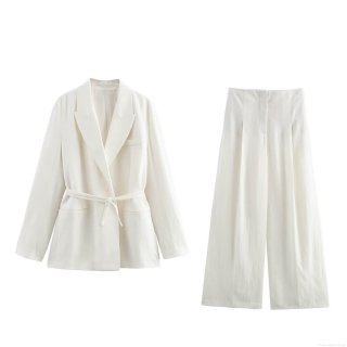 French Minimalist Women Blazer And Pants Set Linen Blend Lace-up Long Sleeve blazer High Waist Pleated Wide Leg Pants Two Piece Office Commute Suit White