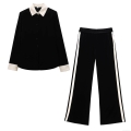 Women's Two Piece Velvet Tracksuit Set Long Sleeve Color Block Lapel Shirt and Wide Leg Pants Casual Streetwear Loungewear Set