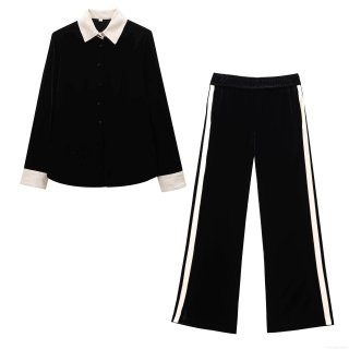 Women's Two Piece Velvet Tracksuit Set Long Sleeve Color Block Lapel Shirt and Wide Leg Pants Casual Streetwear Loungewear Set