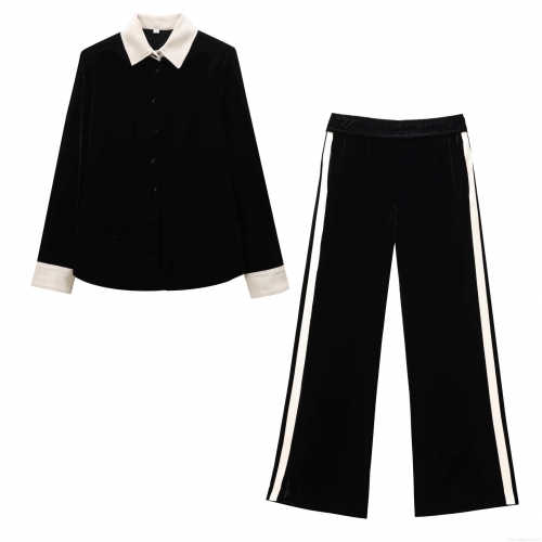 Women's Two Piece Velvet Tracksuit Set Long Sleeve Color Block Lapel Shirt and Wide Leg Pants Casual Streetwear Loungewear Set