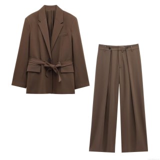 Women's Casual Professional Suit Set Belted Long Sleeve Blazer High Waist Wide Leg Pants Polyester Street Style Office Two Piece Outfit