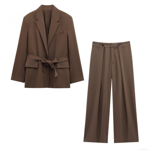 Women's Casual Professional Suit Set Belted Long Sleeve Blazer High Waist Wide Leg Pants Polyester Street Style Office Two Piece Outfit