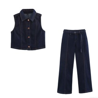 Women's Western Style Summer Denim Two Piece Set Short Denim Vest Top And High Waist Flare Pants With Belt Casual Streetwear Denim Outfits