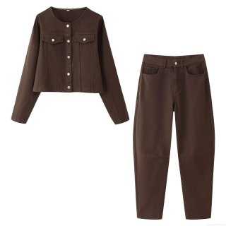 Women's Two Piece Pants Set Dark Brown Twill Polyester Waisted Round Neck Long Sleeve Jacket and Loose Straight Leg Pants Street Style Casual Outfit