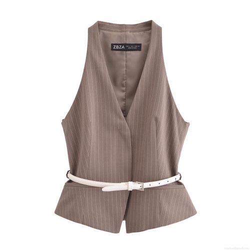 Women's Striped V Neck Halter Vest Top And High Waist Wide Leg Pants Two Piece Set With White Belts Polyester Casual Office Streetwear Outfits