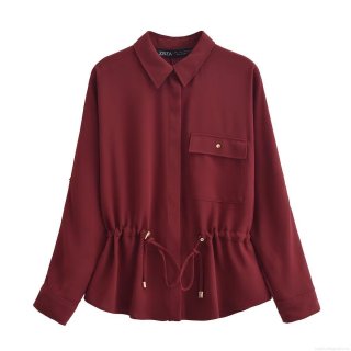 Women's 2 Piece Crepe Outfits Loose Lapel Long Sleeve Drawstring Shirt And Wide Leg Pants Set Solid Color Streetwear Casual Suits