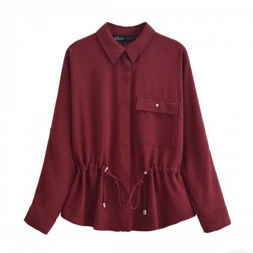 Women's 2 Piece Crepe Outfits Loose Lapel Long Sleeve Drawstring Shirt And Wide Leg Pants Set Solid Color Streetwear Casual Suits