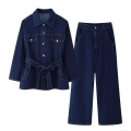 Women's Casual Denim 2 Piece Set Lapel Long Sleeve Belted Jacket And High Waist Wide Leg Jeans Solid Color Streetwear Outfits For Women