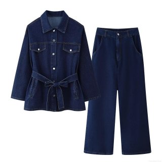 Women's Casual Denim 2 Piece Set Lapel Long Sleeve Belted Jacket And High Waist Wide Leg Jeans Solid Color Streetwear Outfits For Women