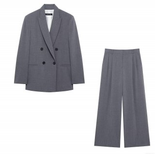 Women's 2-Piece Business Suit Double Breasted Blazer With Shoulder Pads And High Waist Pleated Wide Leg Pants Set Solid Grey Formal Office Streetwear