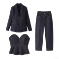 Women's 3-Piece Denim Suit Set Including Lapel Blazer Jacket Tight Heart Shaped Tube Top and Straight Leg Pants Deep Blue Streetwear Fashion Outfit