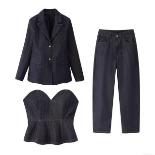 Women's 3-Piece Denim Suit Set Including Lapel Blazer Jacket Tight Heart Shaped Tube Top and Straight Leg Pants Deep Blue Streetwear Fashion Outfit