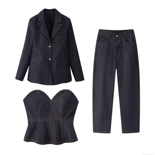 Women's 3-Piece Denim Suit Set Including Lapel Blazer Jacket Tight Heart Shaped Tube Top and Straight Leg Pants Deep Blue Streetwear Fashion Outfit