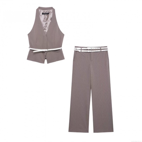 Women's 2 Piece Pinstripe Set Elegant Halter Neck Vest Waistcoat with Belt and High Waist Straight Wide Leg Trousers for Office Business Party Streetwear Outfit