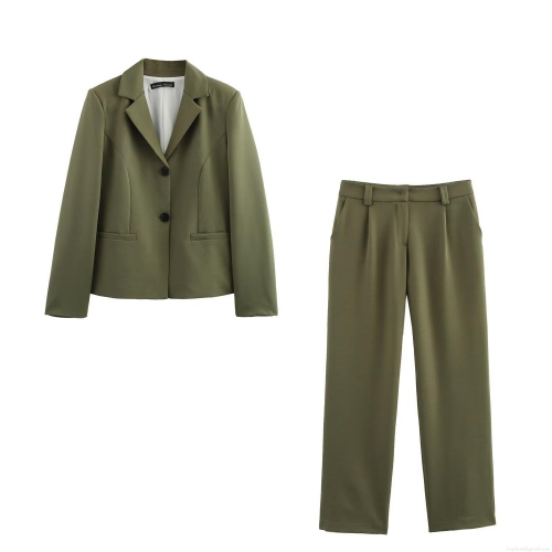 Women's Olive Green Blazer and Straight Leg Pants Set Two Piece Office Lady Business Suit Elegant European Style Professional Workwear Outfit