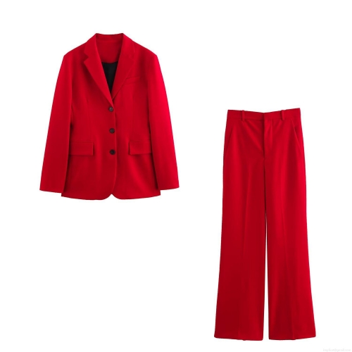 Women's Two Piece Blazer Pants Suit Set Solid Red Notched Lapel Long Sleeve Blazer And High Waist Wide Leg Pants Casual Business Office Workwear Set