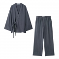 Women's Kimono Style Tie-up Jacket and Wide Leg Pants Set 100% Polyester Linen Texture Bowknot Loose Fit Lounge Wear Two-Piece Suit for Spring Autumn