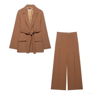 Women's 2 Piece Blazer Set Loose Fit Belted Blazer And Wide Leg Pants Set Solid Color Polyester Professional Office Suit Casual Streetwear Outfits For Women
