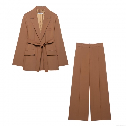 Women's 2 Piece Blazer Set Loose Fit Belted Blazer And Wide Leg Pants Set Solid Color Polyester Professional Office Suit Casual Streetwear Outfits For Women