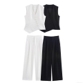 Women's 2-Piece Suit Set Asymmetric Sleeveless Vest Top and High Waist Wide Leg Pleated Trousers Solid Polyester Office Business Streetwear Outfit