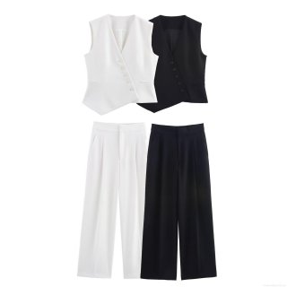 Women's 2-Piece Suit Set Asymmetric Sleeveless Vest Top and High Waist Wide Leg Pleated Trousers Solid Polyester Office Business Streetwear Outfit