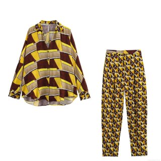 Women's Two Piece Set Vintage Geometric Print Lapel Long Sleeve Shirt and High Waist Straight Leg Pants Casual Streetwear Outfit Polyester Suits