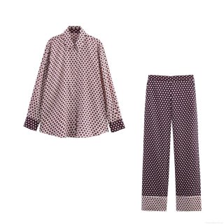 Women's 2 Piece Geometric Print Satin Set Vintage Long Sleeve Lapel Button Up Shirt And High Waist Straight Leg Pants Casual Elegant Office Streetwear Outfit