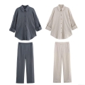 Women's Striped Casual Two Piece Set Poplin Polyester Long Sleeve Lapel Button Up Shirt And Elastic High Waist Wide Leg Straight Pants Loungewear Co-ord Suit