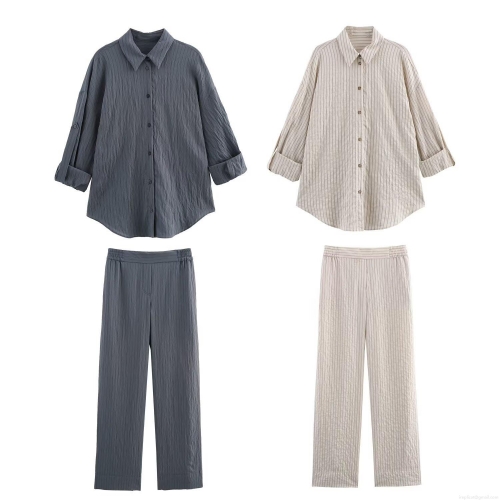 Women's Striped Casual Two Piece Set Poplin Polyester Long Sleeve Lapel Button Up Shirt And Elastic High Waist Wide Leg Straight Pants Loungewear Co-ord Suit
