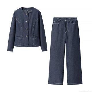 Women's Denim Style Two-Piece Set Solid Color Round Neck Long Sleeve Jacket and High Waist Wide Leg Pants Set with White Contrast Stitching and Gold Buttons Streetwear Casual Outfits